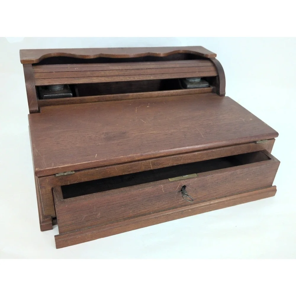 Antique Travel Desk Lap Writing Box Tambour Rolltop With Key And Glass Inkwell